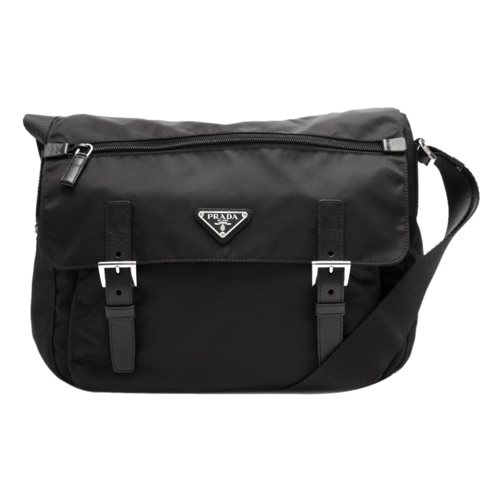 Prada Black Nylon Triangle Logo Messenger Bag available at Queen Bee of Beverly Hills