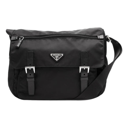Prada Black Nylon Triangle Logo Messenger Bag available at Queen Bee of Beverly Hills