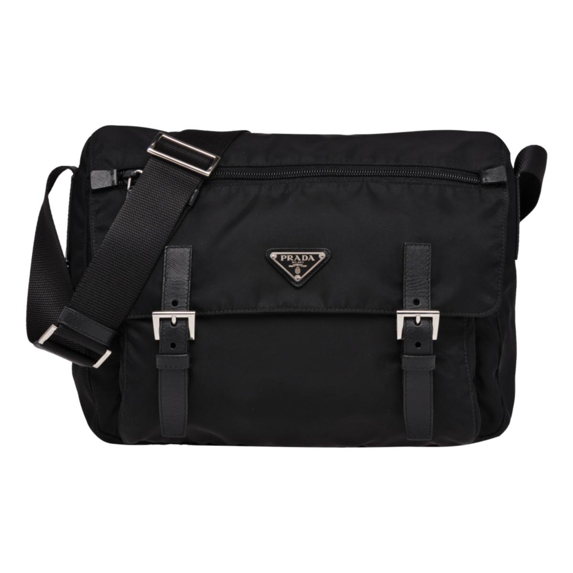 Prada Black Nylon Triangle Logo Messenger Bag available at Queen Bee of Beverly Hills