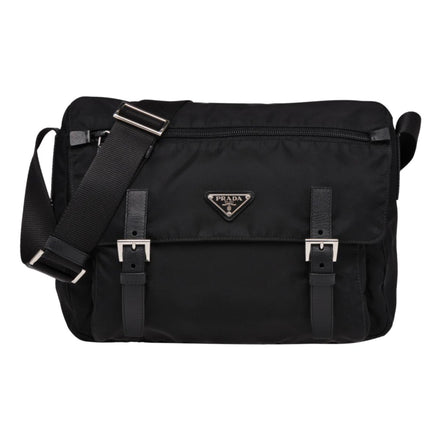 Prada Black Nylon Triangle Logo Messenger Bag available at Queen Bee of Beverly Hills