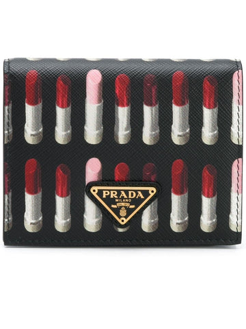 Prada Black Pink Lipstick Print Triangle Logo Bifold Leather Snap Wallet 1MV204