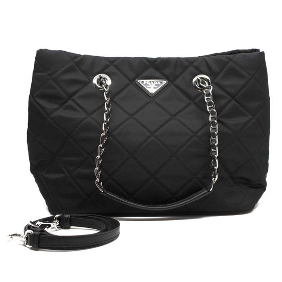 Prada Black Quilted Tessuto Chain Shoulder Bag Tote available at Queen Bee of Beverly Hills