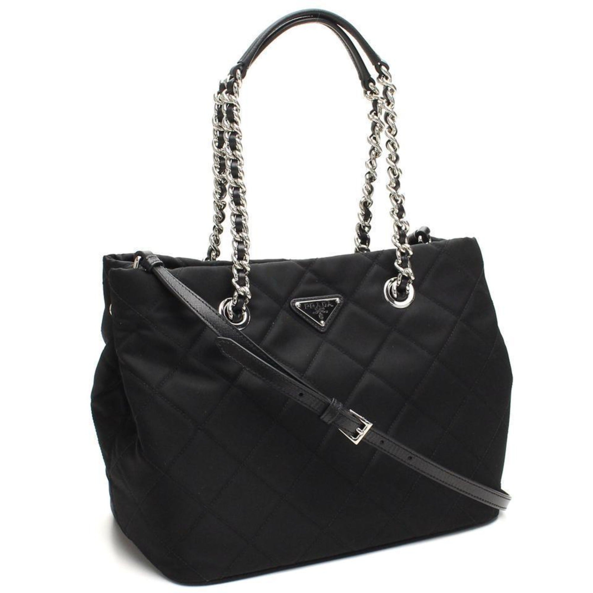 Prada Black Quilted Tessuto Chain Shoulder Bag Tote available at Queen Bee of Beverly Hills