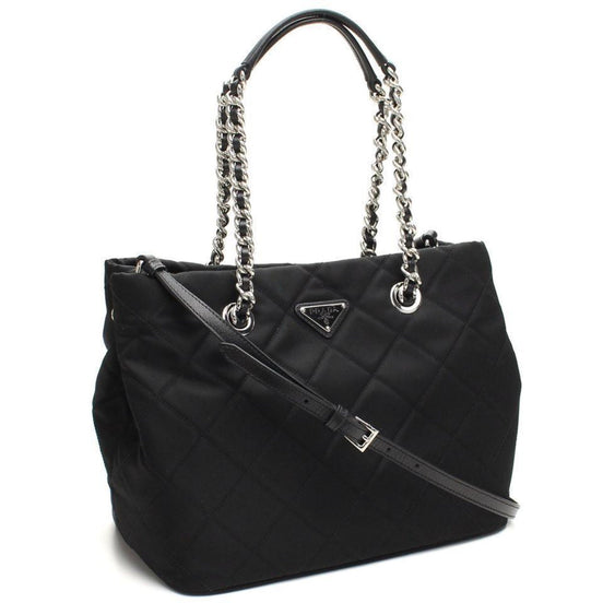Prada Black Quilted Tessuto Chain Shoulder Bag Tote available at Queen Bee of Beverly Hills