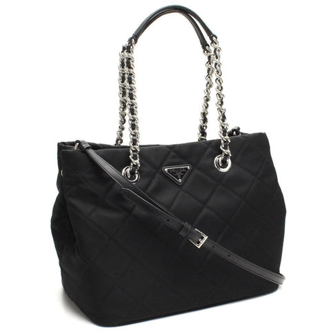 Prada Black Quilted Tessuto Chain Shoulder Bag Tote available at Queen Bee of Beverly Hills
