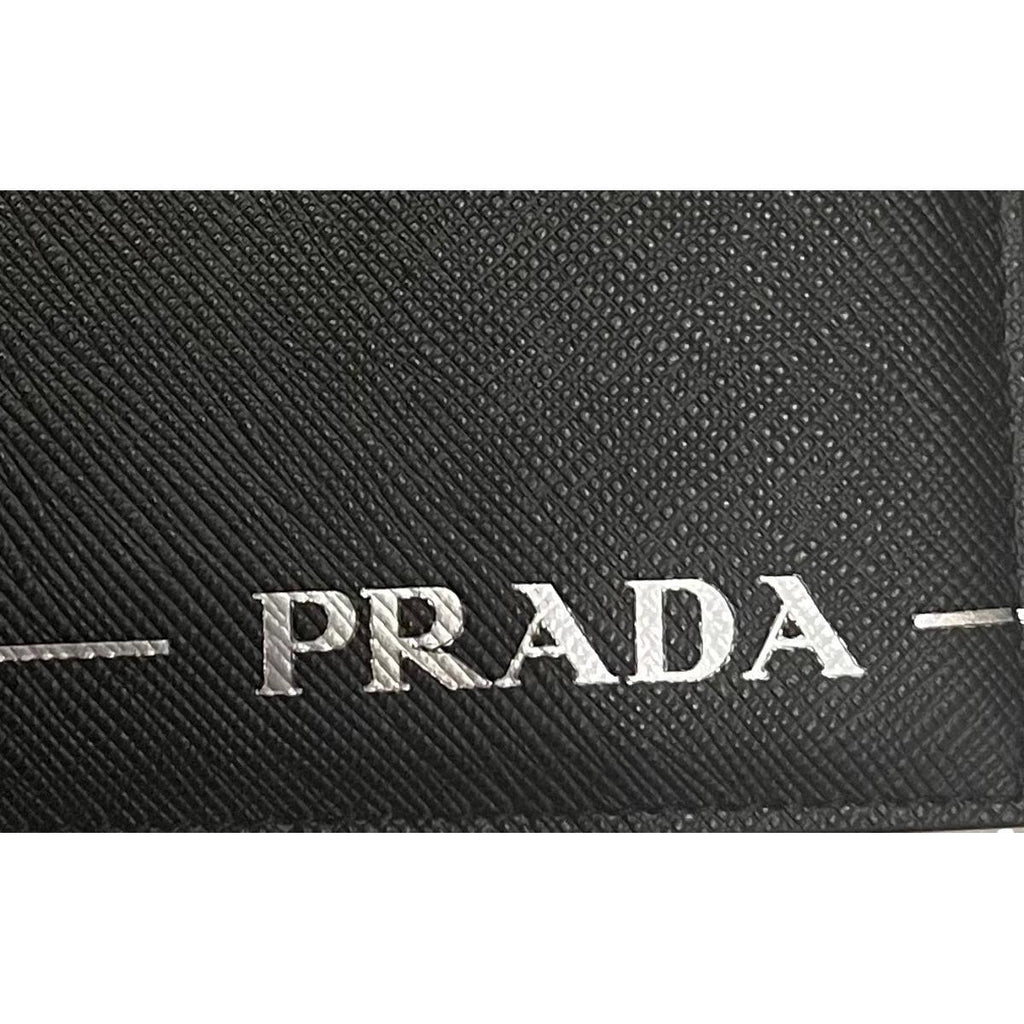 Prada Black Saffiano Leather Argento Silver Stripe Bifold Wallet 2MO513 at_Queen_Bee_of_Beverly_Hills