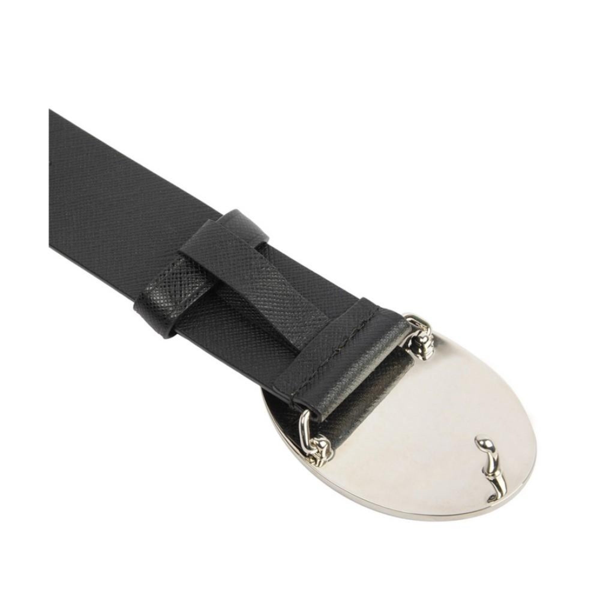 Prada Black Saffiano Leather Engraved Oval Plaque Buckle Belt 110/44 available at Queen Bee of Beverly Hills