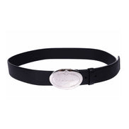 Prada Black Saffiano Leather Engraved Oval Plaque Buckle Belt 110/44 available at Queen Bee of Beverly Hills