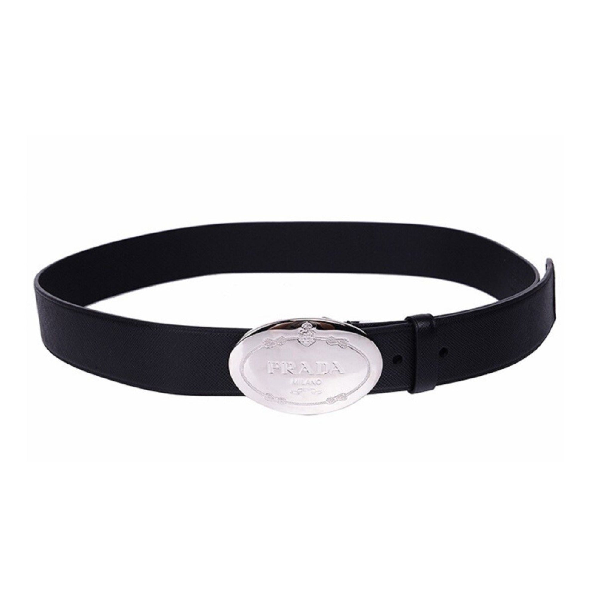 Prada Black Saffiano Leather Engraved Oval Plaque Buckle Belt 110/44 available at Queen Bee of Beverly Hills