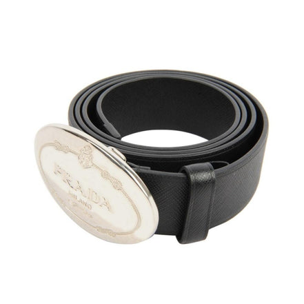 Prada Black Saffiano Leather Engraved Oval Plaque Buckle Belt 110/44 available at Queen Bee of Beverly Hills