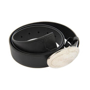 Prada Black Saffiano Leather Engraved Oval Plaque Buckle Belt 110/44 available at Queen Bee of Beverly Hills