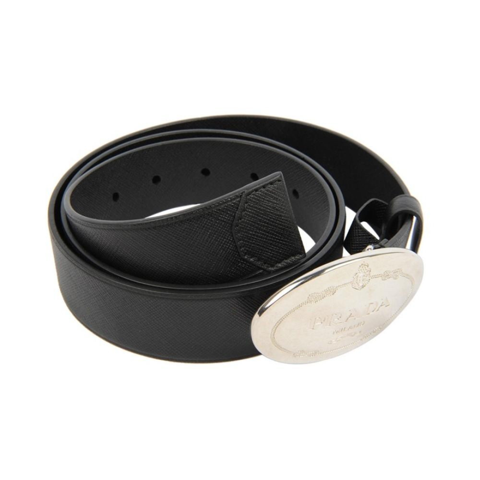 Prada Black Saffiano Leather Engraved Oval Plaque Buckle Belt 110/44 available at Queen Bee of Beverly Hills