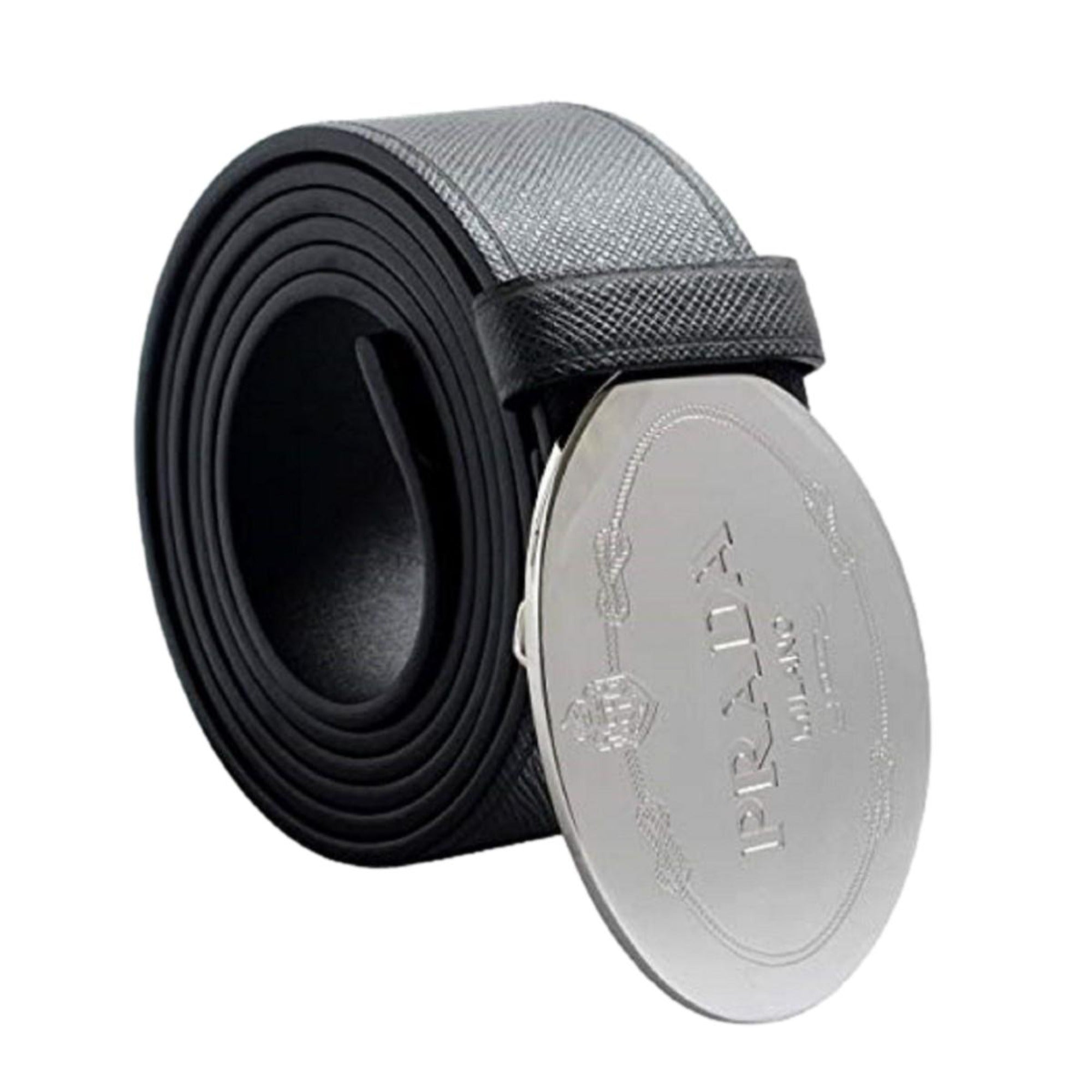 Prada Black Saffiano Leather Engraved Oval Plaque Buckle Belt 110/44 available at Queen Bee of Beverly Hills