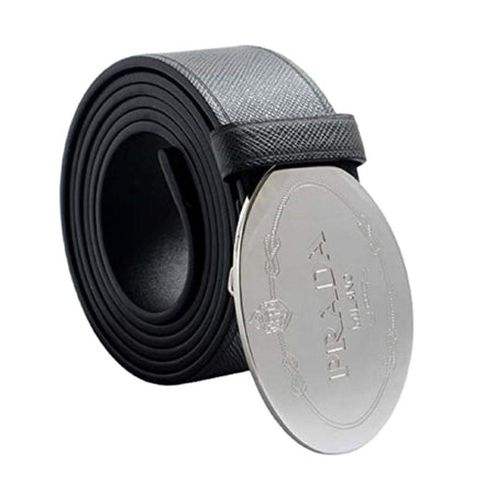 Prada Black Saffiano Leather Engraved Oval Plaque Buckle Belt 110/44 available at Queen Bee of Beverly Hills
