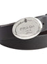Prada Black Saffiano Leather Engraved Oval Plaque Buckle Belt 110/44 available at Queen Bee of Beverly Hills