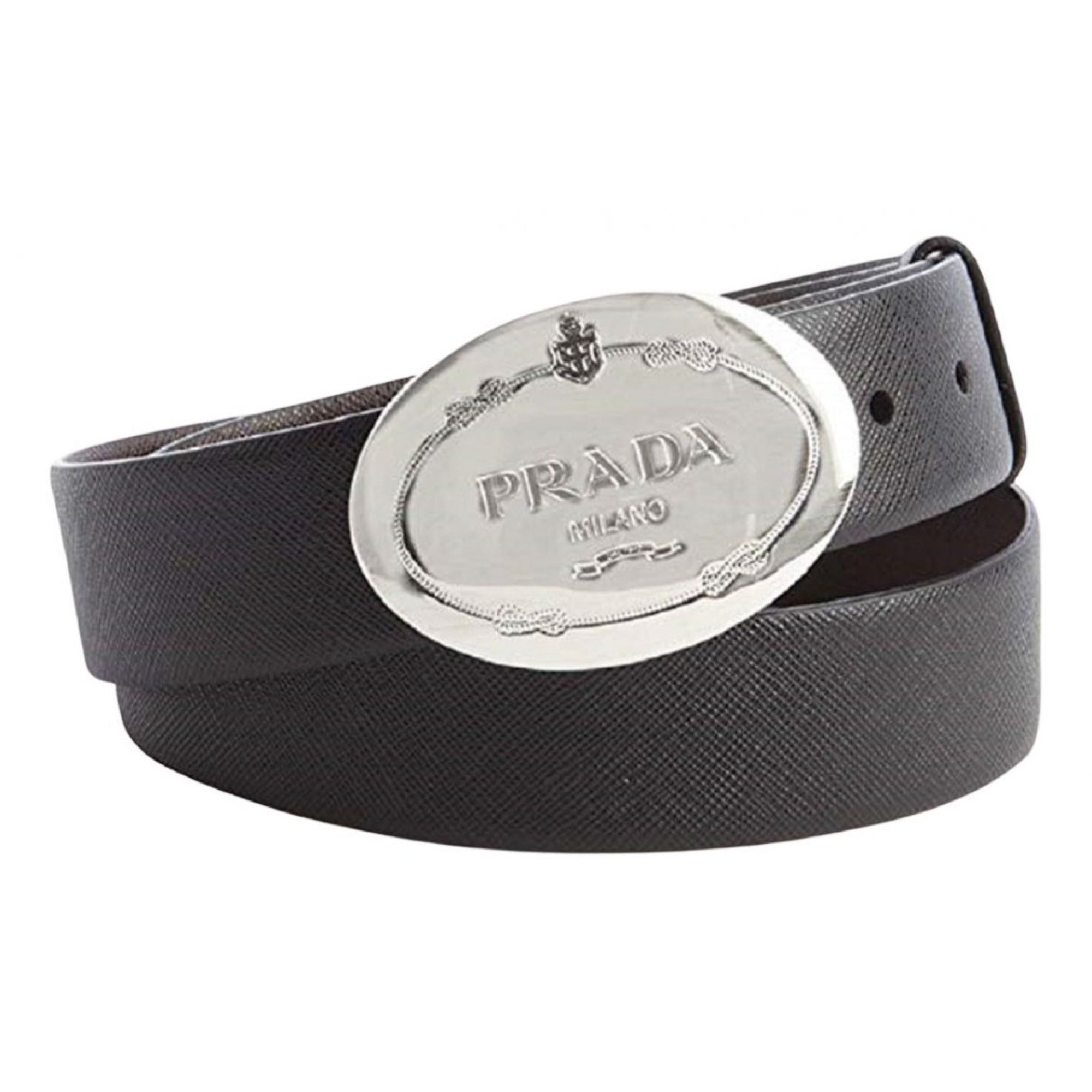 Prada Black Saffiano Leather Engraved Oval Plaque Buckle Belt 110/44 available at Queen Bee of Beverly Hills