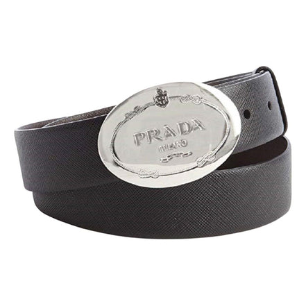 Prada Black Saffiano Leather Engraved Oval Plaque Buckle Belt 110/44 available at Queen Bee of Beverly Hills
