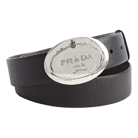 Prada Black Saffiano Leather Engraved Oval Plaque Buckle Belt 110/44 available at Queen Bee of Beverly Hills