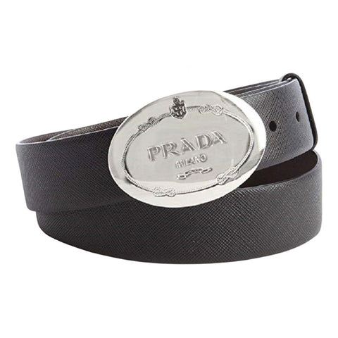Prada Black Saffiano Leather Engraved Oval Plaque Buckle Belt 110/44 available at Queen Bee of Beverly Hills