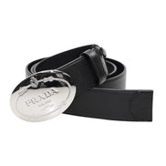 Prada Black Saffiano Leather Engraved Oval Plaque Buckle Belt 110/44 available at Queen Bee of Beverly Hills