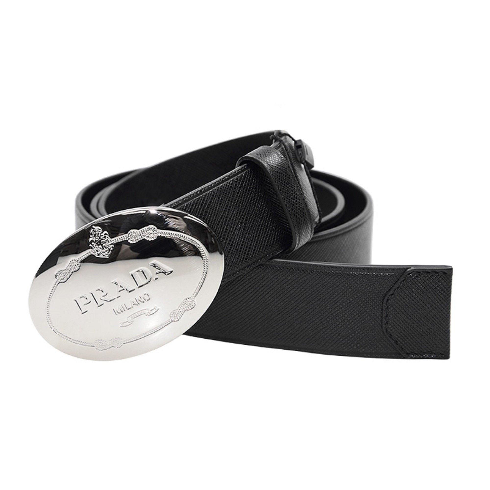 Prada Black Saffiano Leather Engraved Oval Plaque Buckle Belt 110/44 available at Queen Bee of Beverly Hills