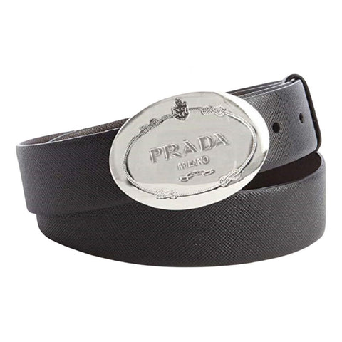Prada Black Saffiano Leather Engraved Oval Plaque Buckle Size: 110/44 Belt 2CM046 at_Queen_Bee_of_Beverly_Hills