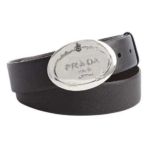 Prada Black Saffiano Leather Engraved Oval Plaque Buckle Size: 95/38 Belt 2CM046 at_Queen_Bee_of_Beverly_Hills