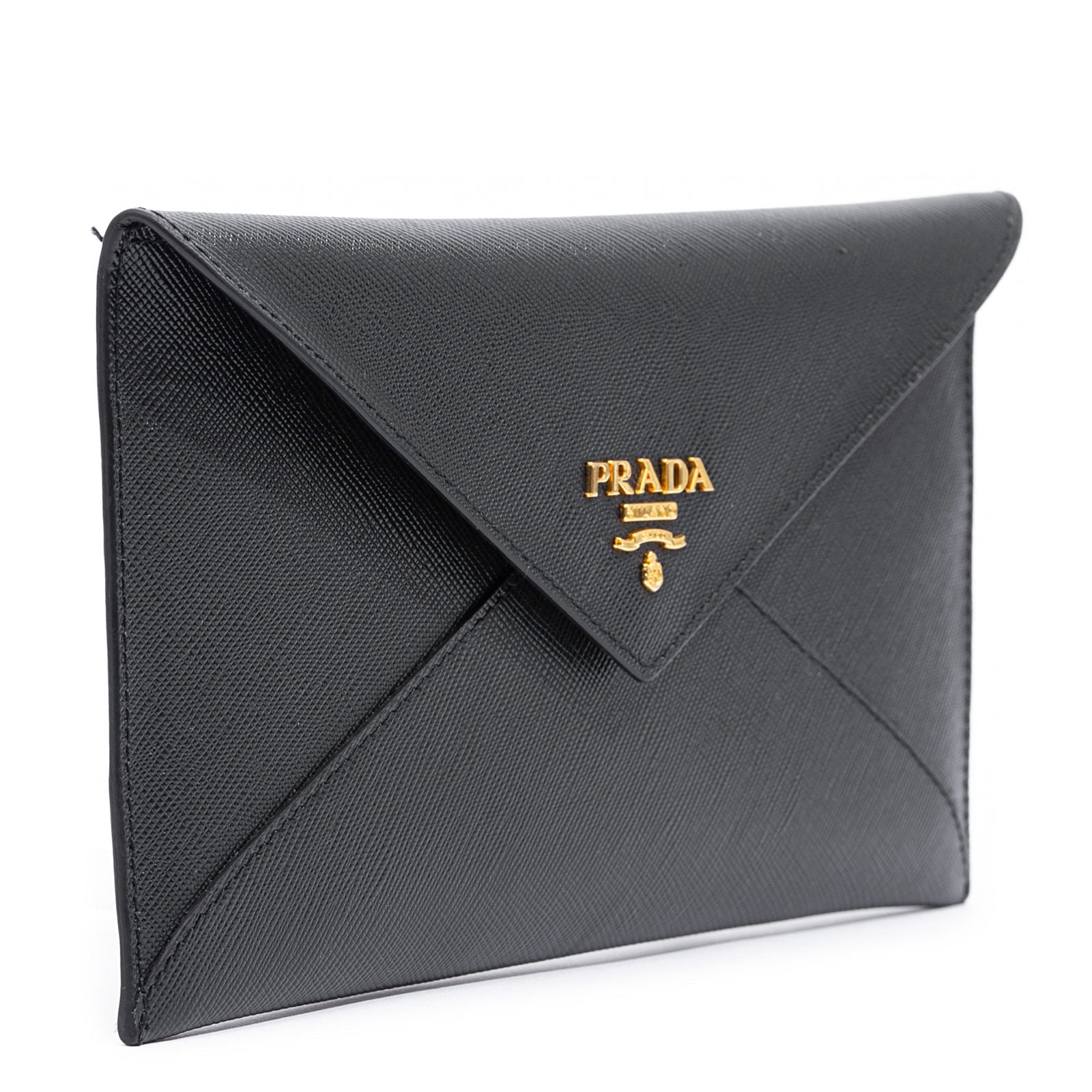 Prada Black Saffiano Leather Gold Logo Long Envelope Wallet 1MF175 at_Queen_Bee_of_Beverly_Hills
