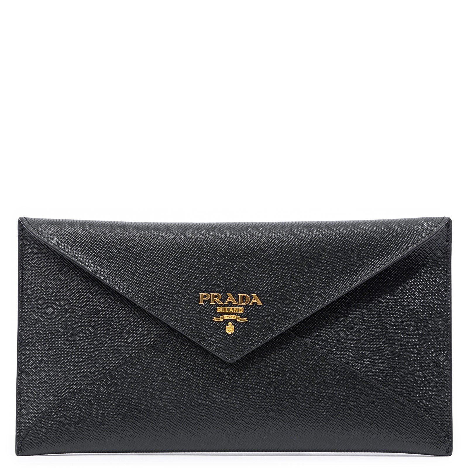 Prada Black Saffiano Leather Gold Logo Long Envelope Wallet 1MF175 at_Queen_Bee_of_Beverly_Hills