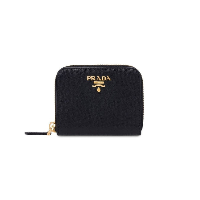 Prada Black Saffiano Leather Gold Zip Coin Purse Wallet available at Queen Bee of Beverly Hills