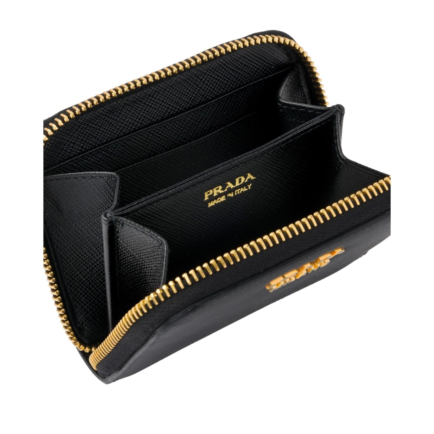 Prada Black Saffiano Leather Gold Zip Coin Purse Wallet available at Queen Bee of Beverly Hills