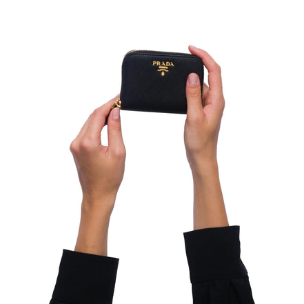 Prada Black Saffiano Leather Gold Zip Coin Purse Wallet available at Queen Bee of Beverly Hills