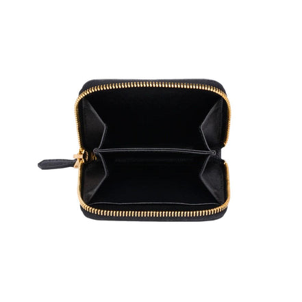 Prada Black Saffiano Leather Gold Zip Coin Purse Wallet available at Queen Bee of Beverly Hills