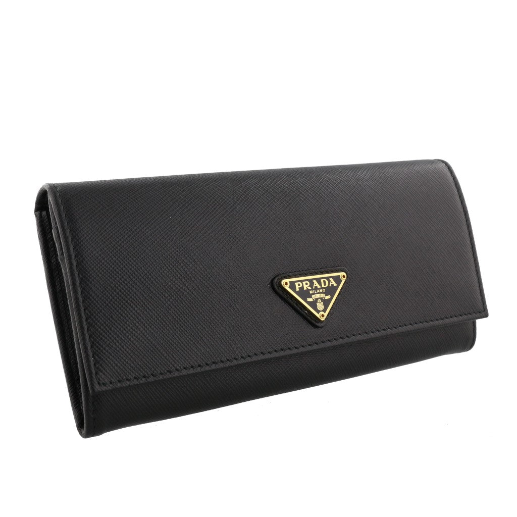 AUTH PRADA FLAP SAFFIANO LEATHER LONG WALLET PREOWNED BLACK