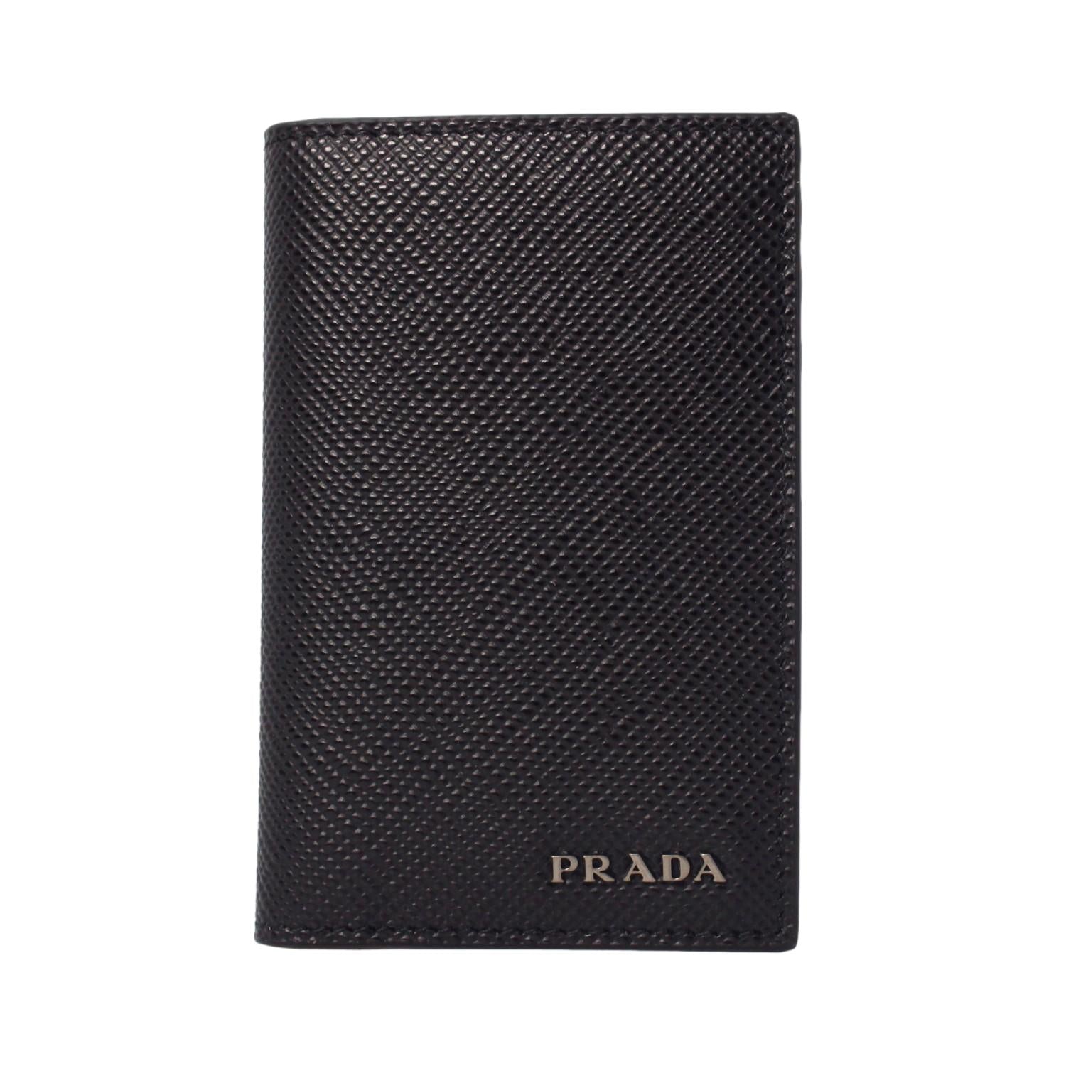 Prada Black Saffiano Leather Vertical Logo Card Holder available at Queen Bee of Beverly Hills