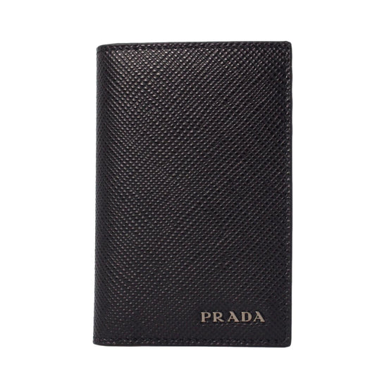 Prada Black Saffiano Leather Vertical Logo Card Holder available at Queen Bee of Beverly Hills