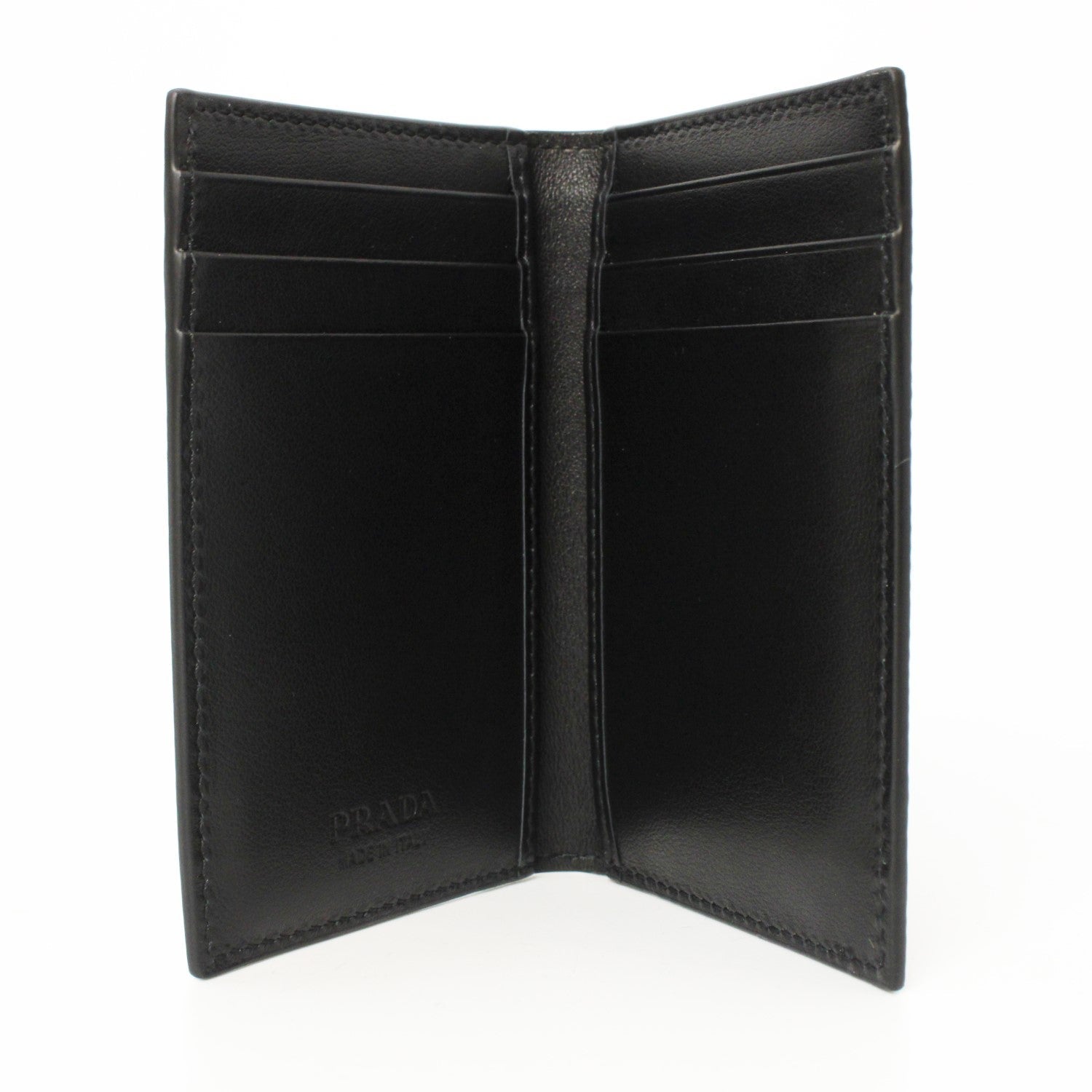 Prada Black Saffiano Leather Vertical Logo Card Holder available at Queen Bee of Beverly Hills