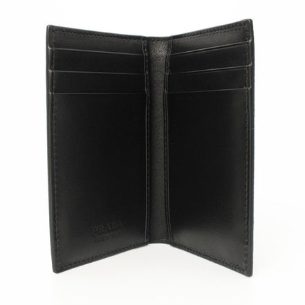Prada Black Saffiano Leather Vertical Logo Card Holder available at Queen Bee of Beverly Hills