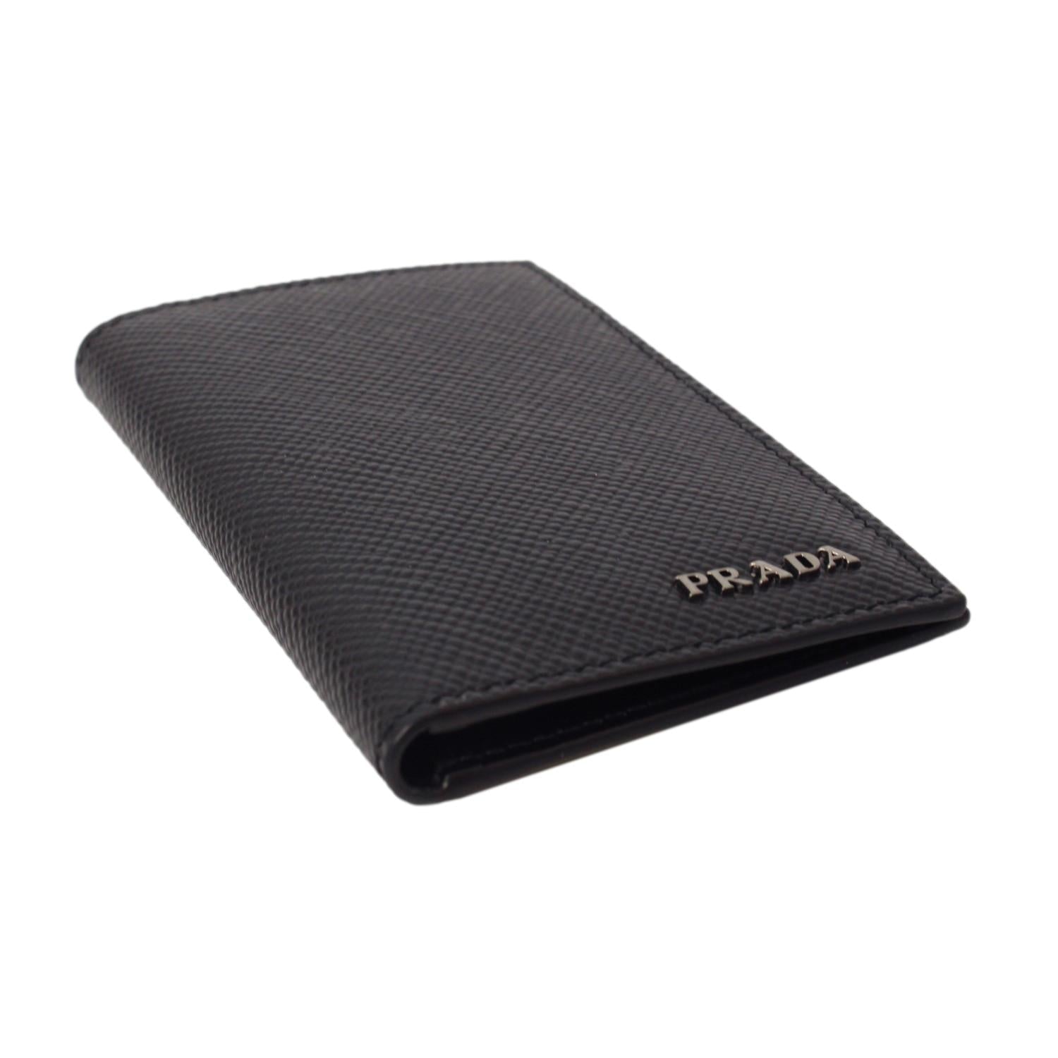 Prada Black Saffiano Leather Vertical Logo Card Holder available at Queen Bee of Beverly Hills