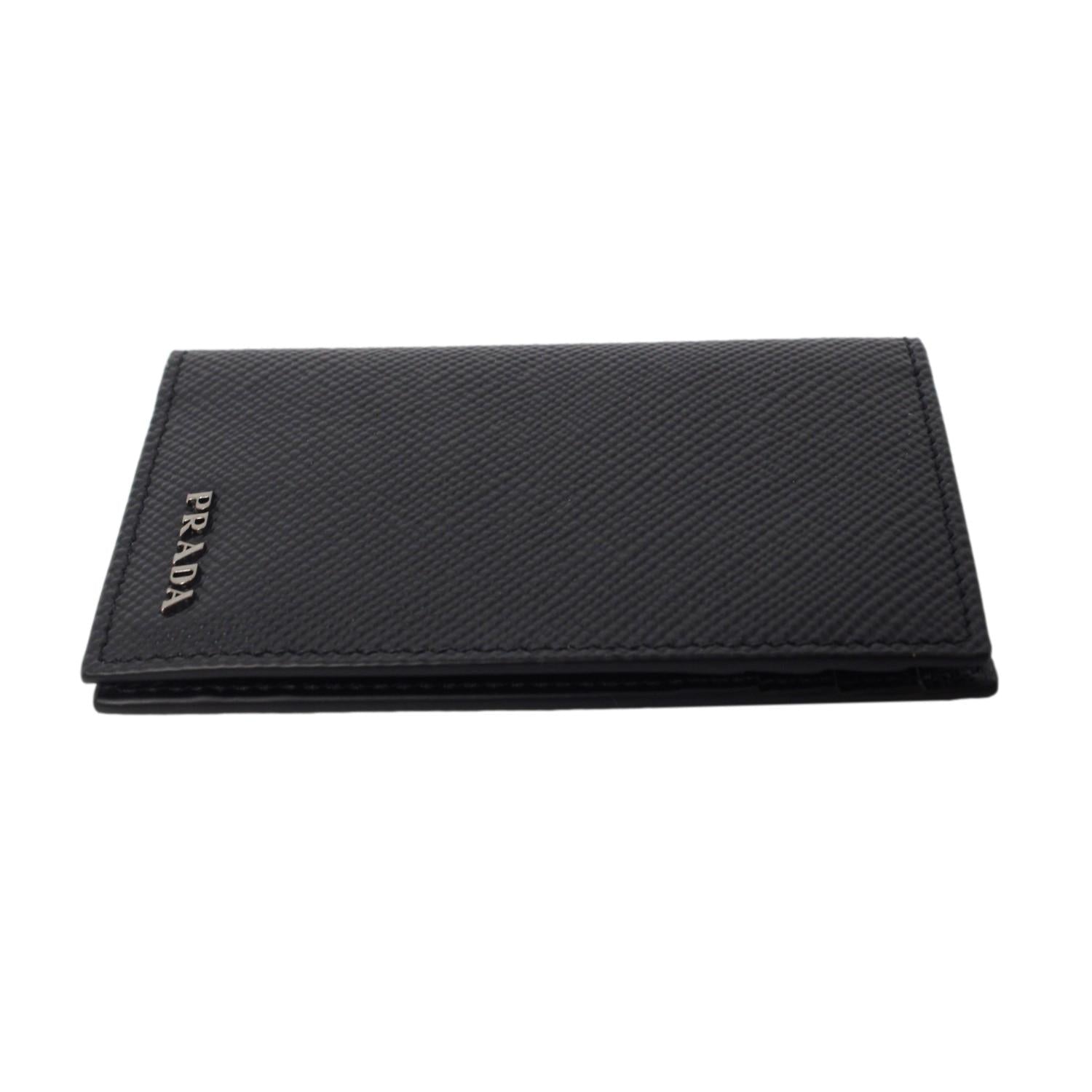 Prada Black Saffiano Leather Vertical Logo Card Holder available at Queen Bee of Beverly Hills
