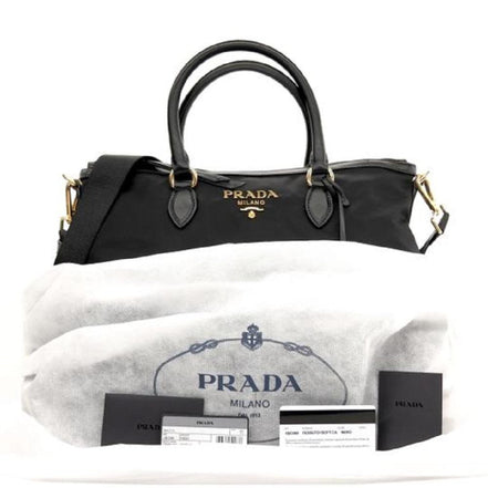Prada Black Tessuto Nylon Calf Leather Trim Satchel Tote Bag available at Queen Bee of Beverly Hills