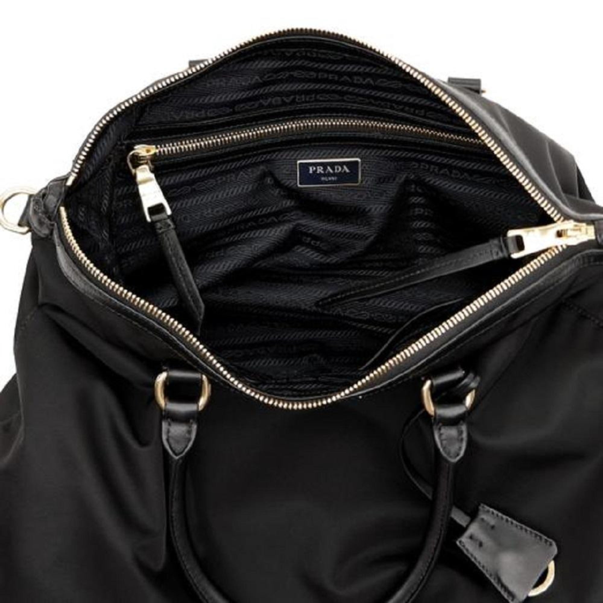 Prada Black Tessuto Nylon Calf Leather Trim Satchel Tote Bag available at Queen Bee of Beverly Hills