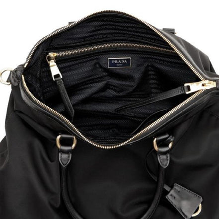 Prada Black Tessuto Nylon Calf Leather Trim Satchel Tote Bag available at Queen Bee of Beverly Hills
