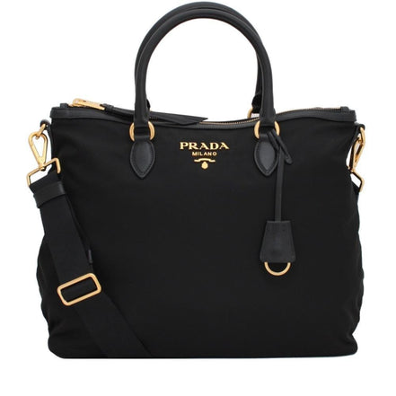 Prada Black Tessuto Nylon Calf Leather Trim Satchel Tote Bag available at Queen Bee of Beverly Hills