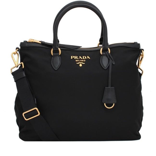 Prada Black Tessuto Nylon Calf Leather Trim Satchel Tote Bag available at Queen Bee of Beverly Hills