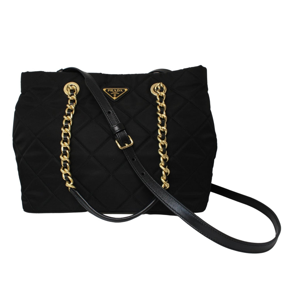 Prada Black Tessuto Nylon Gold Chain Quilted Convertible Tote Bag 1BG740 at_Queen_Bee_of_Beverly_Hills