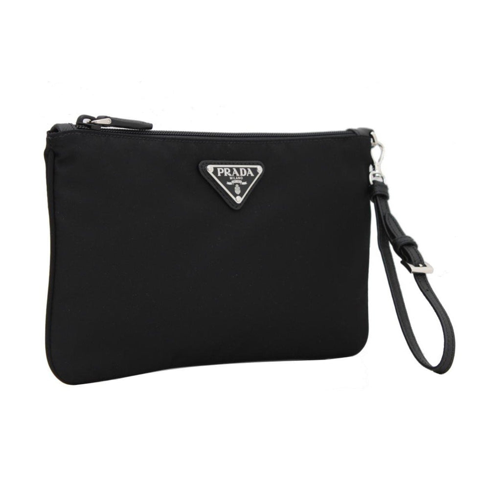 Prada Black Tessuto Nylon Pouch Prada Logo Wristlet Clutch Bag 1NH545 at_Queen_Bee_of_Beverly_Hills