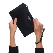 Prada Black Tessuto Nylon Pouch Prada Triangle Logo Wristlet Clutch Bag available at Queen Bee of Beverly Hills