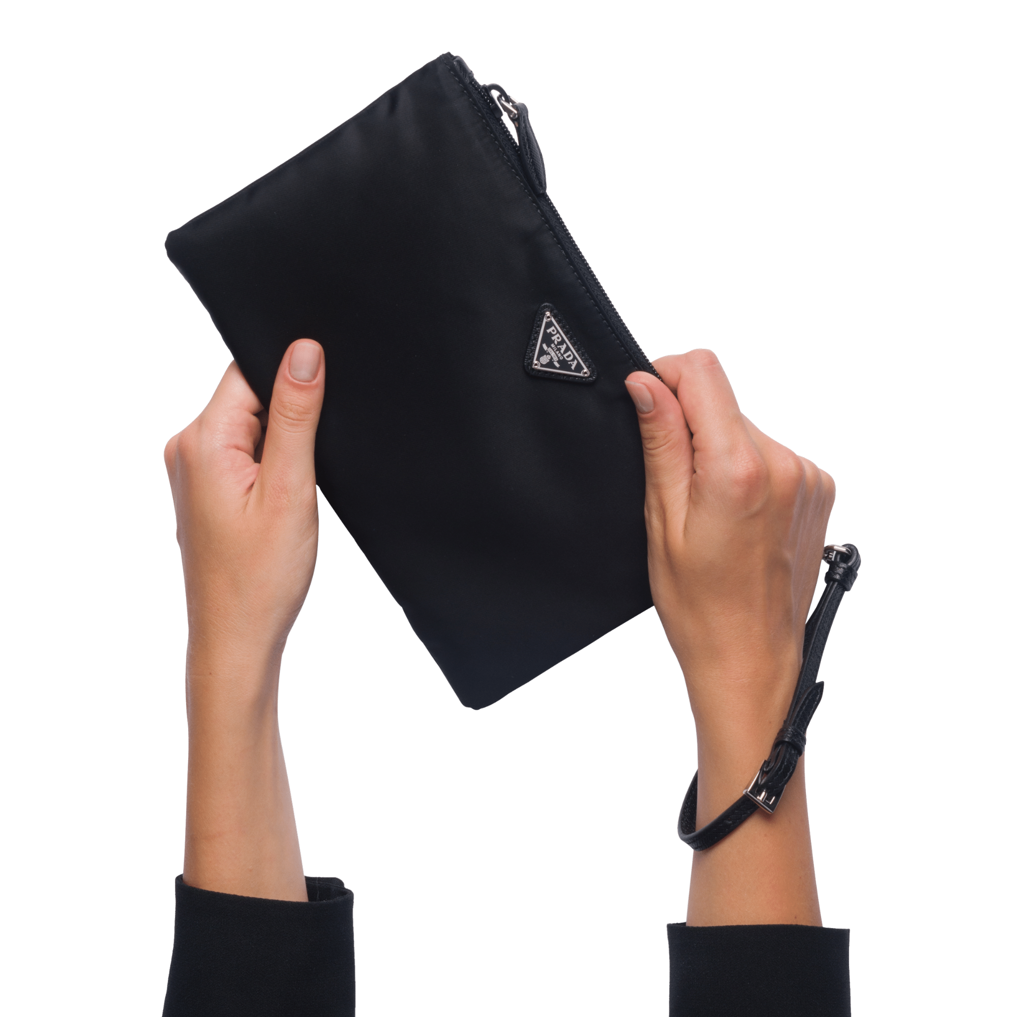 Prada Black Tessuto Nylon Pouch Prada Triangle Logo Wristlet Clutch Bag available at Queen Bee of Beverly Hills