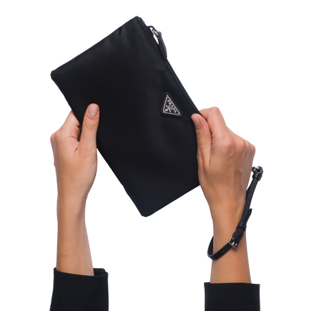 Prada Black Tessuto Nylon Pouch Prada Triangle Logo Wristlet Clutch Bag available at Queen Bee of Beverly Hills